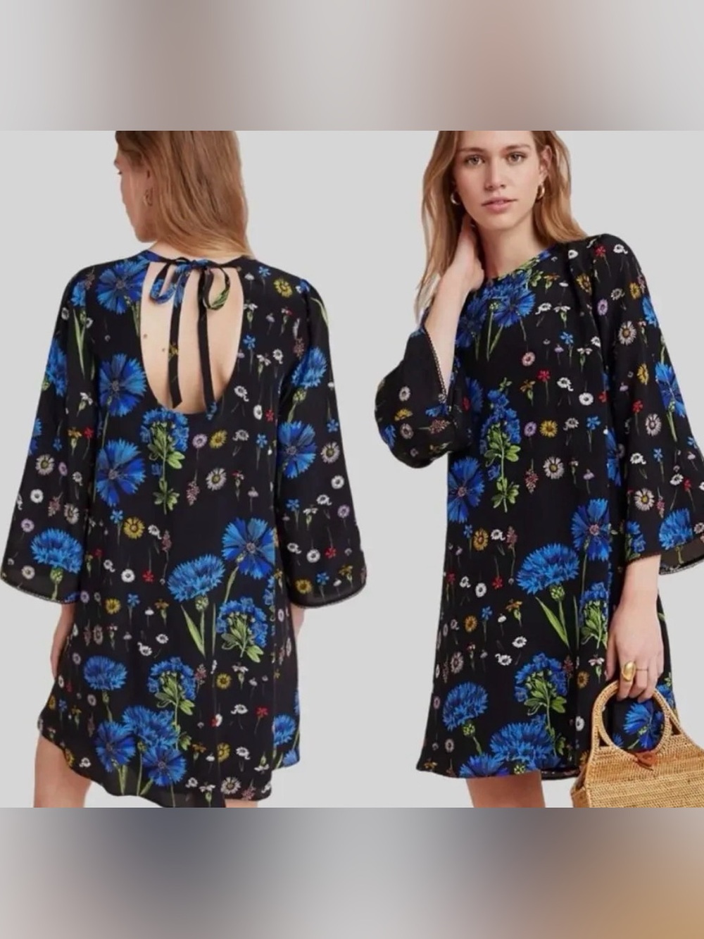 Anthropologie Maeve Lucinda silk dress keyhole floral sleeves formal S